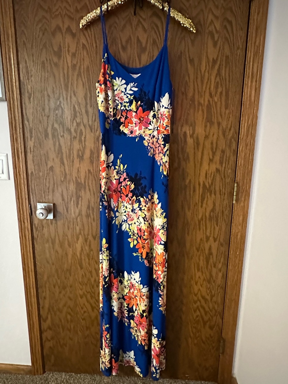 London Times - Blue Floral Maxi Dress with Spaghetti Straps - Size 12